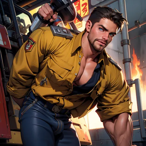 NSFW , masterpiece, best quality, face, natural eyes, 1man, macho HORNY man,, muscled and mature, stephen amell as a firefighter wearing totally unbuttoned firefighter overall, sweating, tight cloth showing his muscles and A BIG COCK , full body , backgrou...