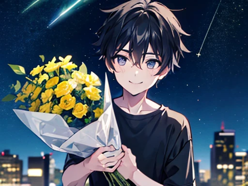 1 boy, he have bouquet, Night view, shooting star, Black short hair, He is wearing a grey shirt, He smiles gently