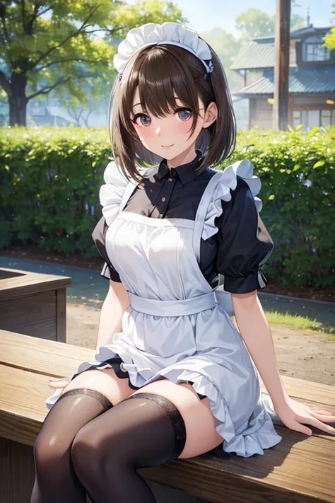 masterpiece, Highest quality, High resolution, One girl, Detailed face, blush, Anime CG style, (Medium chest), (Old age), Good lighting, Perfect body,  Glossy Lips, View your viewers, garden, maid, Sitting, Heel, Thigh-high socks,  maid apron、anegasaki nen...