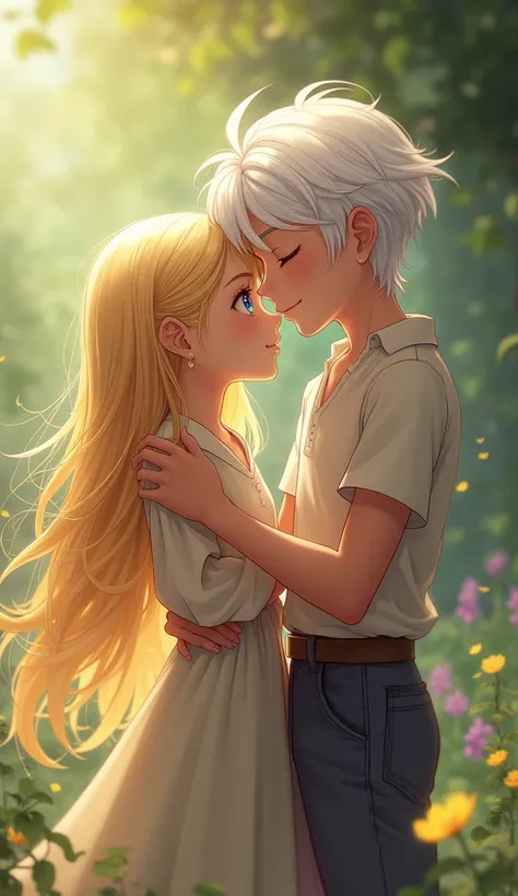 Girl, , Long Hair, Blue eyes, Blonde Hair, Boy, 1, white hair, purple eyes, helping girl from fall, hug
