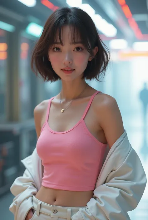 Brown short bob hair, Pink Tank Top, Korean women、２０age、Actual item、Volumetric lighting, White jacket, whole body、Light clothing、Short sleeves、skirt、Standing front、Hands behind back、cyber punk, Futuristic, Brown eyes, detailed eyes, hyper detailed,Toothy s...