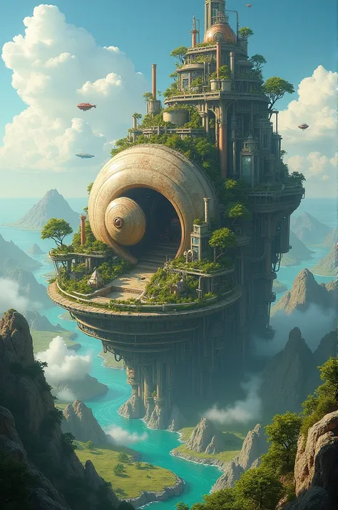 a shell shaped continent with balanced steampunk technology, ecosystem,2 perspective view from above