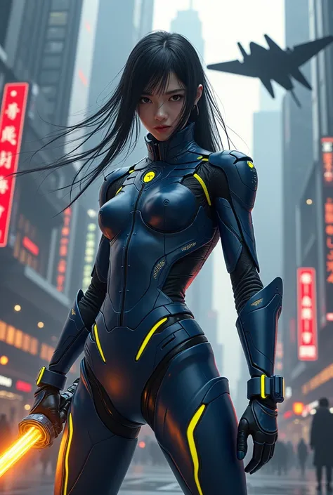 Create a Japanese woman with loose, flowing hair, in a futuristic navy blue exoskeleton armor with neon yellow accents, without a helmet wearing a navy blue metal mask, with a fire katana in his hands, standing on the streets of a futuristic city with larg...