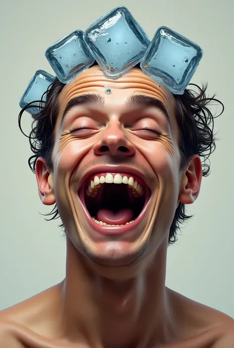 Create a very realistic portrait of a man with a very large mouth, laughing widely with large, visible teeth. His expression is happy and humorous. On top of his head, there are ice cubes the size of his head placed, some of which are melting slightly with...