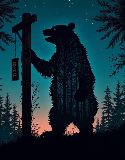 Silhouette of a standing bear filled with intricate patterns，Represents a forest full of dense trees. The image captures the contrast between the dark silhouette and the lush greenery within. A plain wooden bar sign can also be seen, Hanging on a pillar, L...