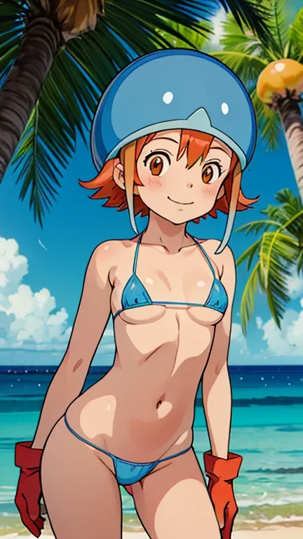 ((masterpiece,best quality)), absurdres, ghibli style, SoraDigi, 1girl, solo, blush, smile, short hair, orange hair, blue helmet, orange eyes, micro bikini, red gloves, smiling, looking at viewer, cowboy shot,  cinematic composition, contrapposto, tropical...