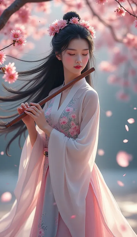 A beautiful girl with long black hair, wearing a pink and blue Chinese hunfu dress with a swan pattern, playing a flute, with plum blossoms falling to the ground. 