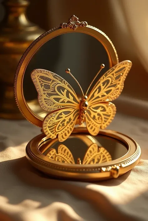 Gold semi-open pocket mirror with butterfly details