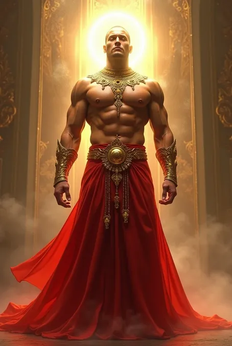 a strong man with a red skirt with golden ornaments and a halo on his back that emits rays that hide the figure&#39;s face
