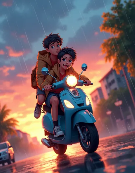  Anime style, vibrant colors, an adult tall boy, riding scooter with his friend another boy. Smiling, raining backdrop, evening sky, warm colours