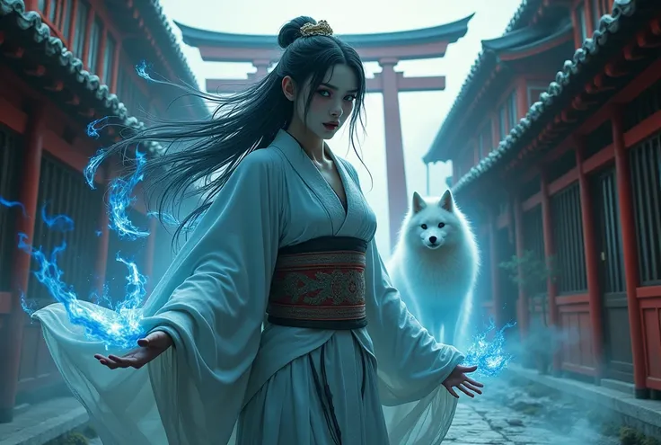 Japanese Fantasy, (ghostly woman in an old kimono showing her fangs), burning blue souls all around her, White fox specter with eight tails, detailed background, red light district, tall wooden Japanese buildings, torii, 