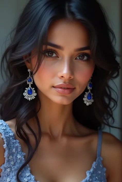 An indian beautiful woman with blue sapphire earings 