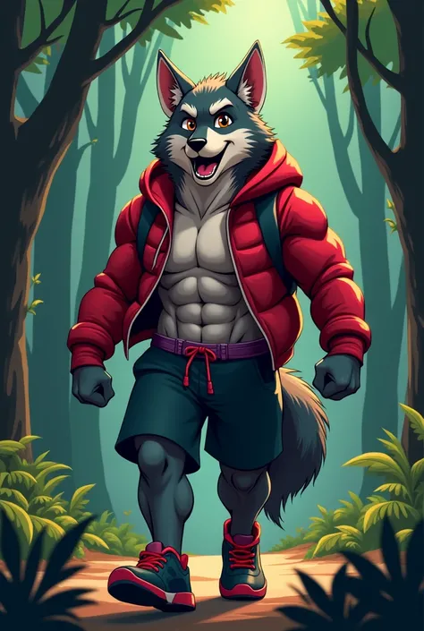 create a banner with the name polbert5000 with red colors,green,Black and grey with a happy young animated wolf with a hood going to the gym with a strong body with a dark forest background