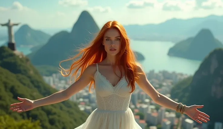 A redhead model in a flowing white dress, her long hair blowing in the wind, poses with her arms outstretched atop Corcovado, mirroring the pose of Christ the Redeemer, while her green eyes reflect the panoramic view of Rio de Janeiro. Dramatic lighting, d...