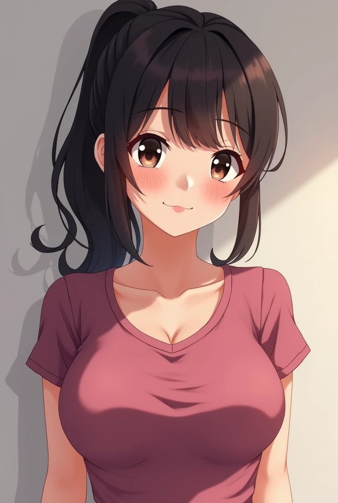 Female with cute visible dimples on cheeks ,black long hair with dark brown eyes,thick eyebrows long lashes, b size cup bra, single pony tail, dark pink tshirt on anime girl with boob