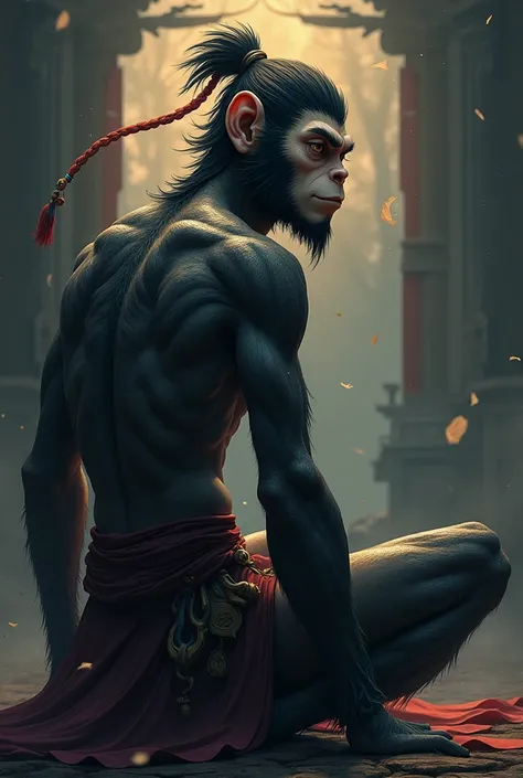 Wukong, anime, soft, strong, cool, monkey, back, dark, thin, Friendly face, armor, sitting