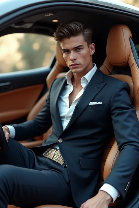 A handsome boy wearing a muscular suit that have a belt sitting a car