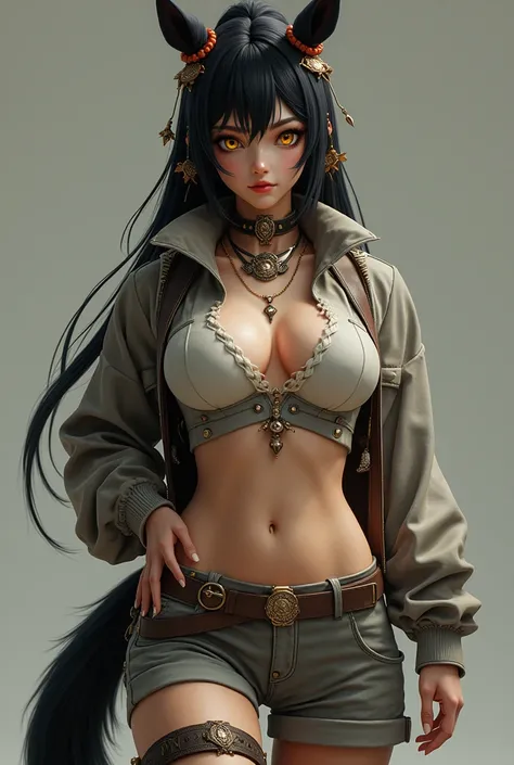 realist, 1 woman, Best Quality, 12k, High Definition, by the wide, Large and round breasts, neckline, Horse tail, collar, jewelry, Bermuda, short jacket, thin hips, Hair tie, yellow eyes, black fur, Super detailed, Eye details, hair details, details of the...