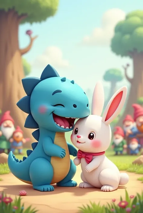  Blue dinosaur kissing white rabbit with pink bow chibi 2d style Draw a smiling dinosaur mouth Must be chibi 2d style More cute, draw some dwarfs