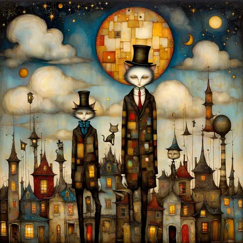 Patchwork by Klimt, Nicoletta Ceccoli, Naoto Hattori, Lawrence Didier, Leonora Carrington, Dave McKean-style surrealist scene: Chimney sweep with starry sky/cloud face on rusty cloud-textured roof. Suit of astronomical maps and cracked paint. Flute of dist...