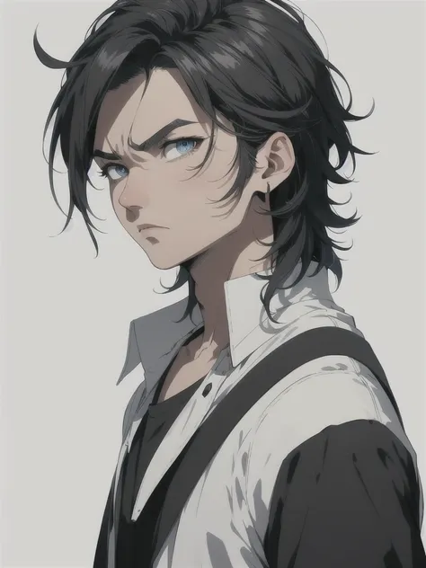 solo, man,side burns, classic side part,  blue eyes, korean, casual clothes, shirts, anger, masterpiece, high quality, 2d, hands...