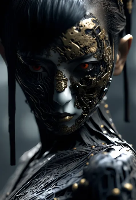 (cyborg geisha cybernetic organism 32k--9:16 --ar) carbon fiber mask, hires professional photography of the highest quality, beautiful face shape, perfect anatomy, expressive gaze, dark sci-fi swamp of rotten flowers, misty fog, tattooed cyborgs- geishas, ...