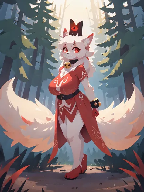 a detailed 5 tailed white and red female kitsune with a black crown, large breasts, thighs and ass, red patterns on the body, re...