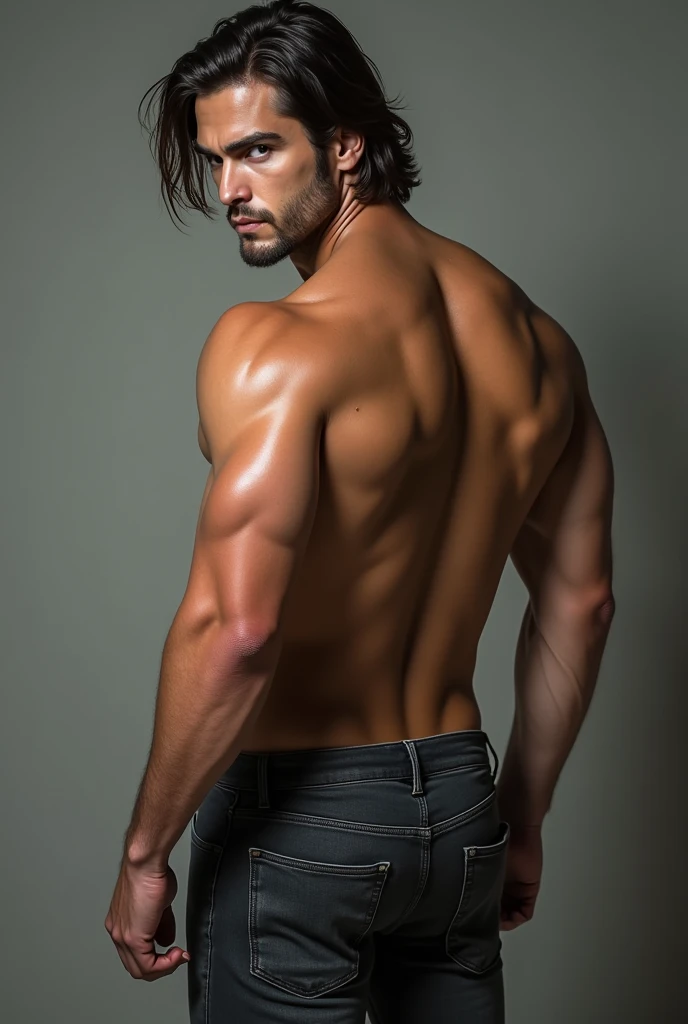 handsome white man, about 2, barba , wavy dark brown hair, similar a theo james, with an unfriendly appearance, and with an average front, there are no tickets. whole body. muscular body. . thight dark grey jeans (((big butt)))  (( rear view)) ((( backside