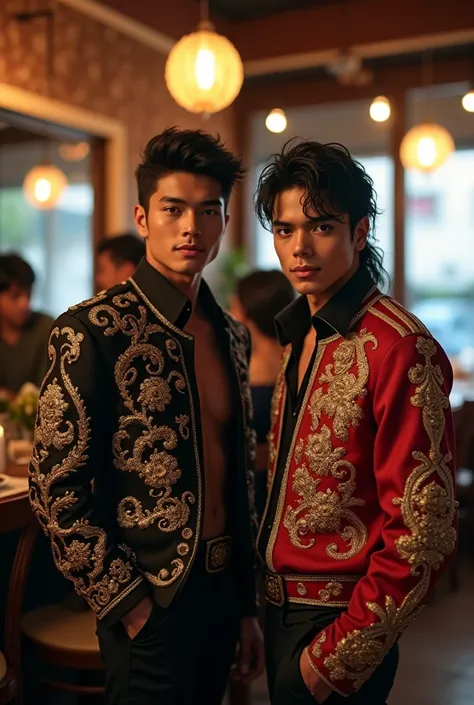 A young and handsome asian man is posing with michael jackson in a cafe