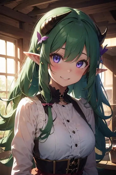 a girl with long messy hair, vibrant green hair, pointed elf-like ears, slightly parted lips, piercing purple eyes, blushed nose, cheerful smile, upturned eyes, hand covering mouth, laughing expression, red ears, one foot outside of frame, horns, beauty ma...