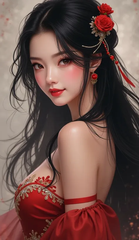 1girl, high resolution, long hair, black hair, hair ornament, solo, looking at viewer, smile, lovely sexy queen