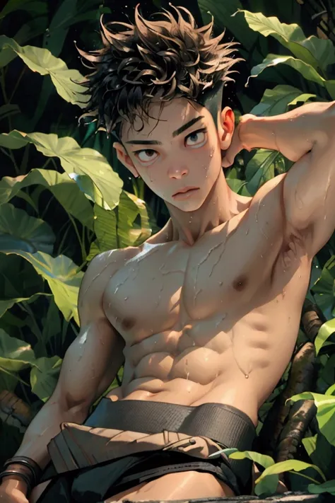 ((masterpiece)) ((realistic human like)) shiny hair side comb style (extreme smooth details), baby face male teenager structure realistic human like, 1 skinny boy very wet tanned skin showing his very wet skinny ripped veined fitness body ((extreme details...