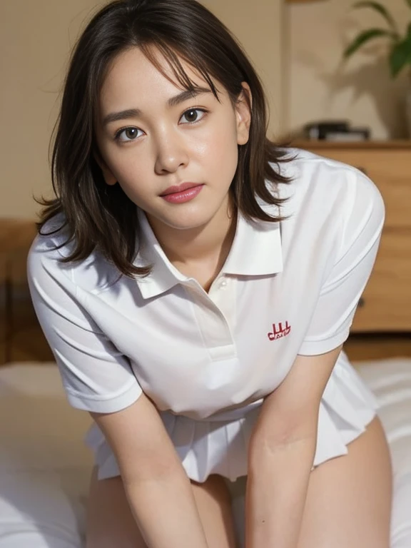 (Masterpiece, Best quality:1.4), (Ultra realistic, Photo-realistic:1.2), From above, From side, Looking up, Slender, Natural light, 2 actress, Japanese women, Neat and clean, (White Tennis uniform, White short-sleeve polo shirt, White pleated skirt:1.2), (...