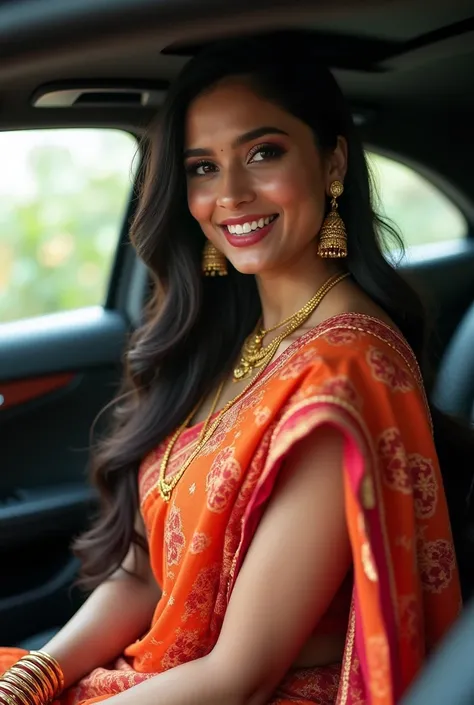 perfect  Indian sexy wife with draped bandhani saree , sleeveless blouse, HDR, 8k, hyper detailed, best quality, ultra-high resolution, HDR, 8k, sitting inside the Benz car, look at viewer, waist level view, bright smile, wearing gold ornaments, casual pos...