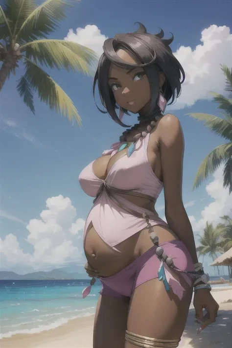 masterpiece, best quality,  1 pregnant girl, pkmnolivia, dark skin, necklace, bracelet, neck ring, cleavage, pink shirt, beads, ...