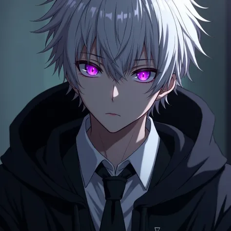  Draw Anime male, white hair, has sharp and purple eyes that look like black holes. with a dull face Wear a school uniform and black hoodie