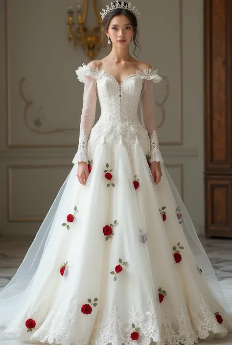 a white embroidered wedding dress with some delicate red roses scattered across the dress, with long sleeves without being puffy, a sweetheart neckline and closed back (I don&#39;t want a dress that&#39;s too tight) 