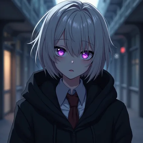  Draw cool  Anime male, white hair, has sharp and purple eyes that look like black holes. with a dull face Wear a school uniform and black hoodie