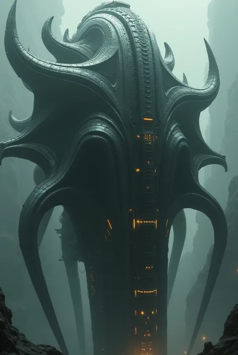 Design a spaceship inspired by the movie "Aliens" and the character of the "Engineer". The ship must have a hybrid aesthetic inspired by the work of H.R. Giger, with an organic appearance, where curved shapes and surfaces are reminiscent of bones, tendons ...