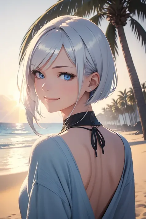 A woman with silver bob hair and blue eyes, Wear warm clothes, gazing condescendingly at the viewer with a cute grinning expression, extremely detailed and realistic, masterpiece quality, ultra-detailed, HDR, studio lighting, vivid colors, physically-based...