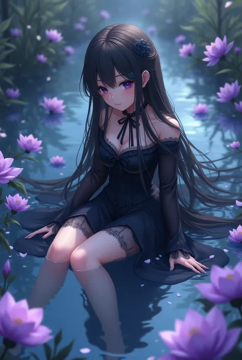 An anime girl with long dark brown hair, black eyes,She is wearing a black Victorian dress, sitting sinking into a lake full of purple flowers
