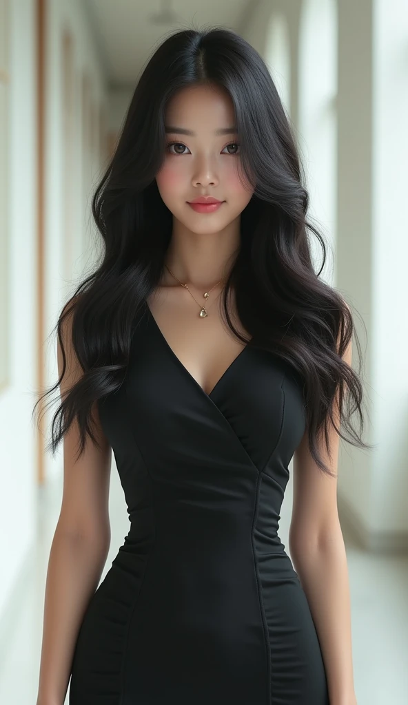 1 woman, full body shot (1.3),close up face shot (1.3), face shot, corridor,Soft Light, Korean Beauty,Tight Fit,dress,Light-haired,long hair,
 white background, gorgeous Korean-Ameican woman, doll face, with thick and long straight black glossy hair, big a...