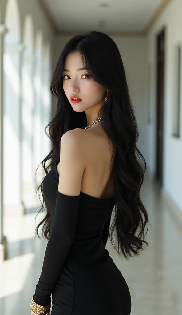 1 woman, full body shot (1.3),close up face shot (1.3), face shot, corridor,Soft Light, Korean Beauty,Tight Fit,dress,Light-haired,long hair,
 white background, gorgeous Korean-Ameican woman, doll face, with thick and long straight black glossy hair, big a...