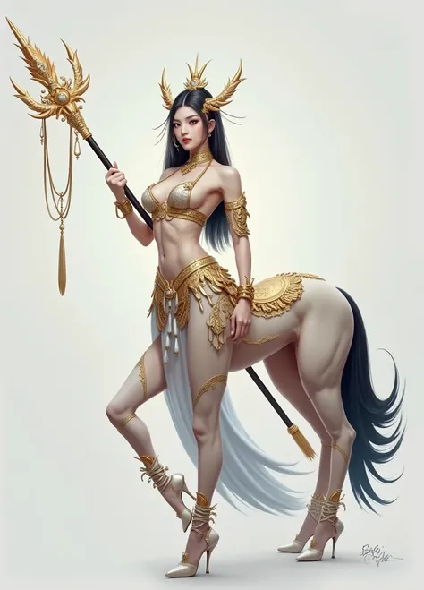 masterpiece,(Best quality:1.3),Centaur girl,lora:Centaur girlV1.0:0.6,(Icefield:1.3),(Head and body 1：9：1.3)Nine-head body，Holding a long weapon，Ancient mythology character Erlang Shen costume，（cos Jiro God）（Refer to Jiao Enjun&#39;s Erlang Shen costume）（G...