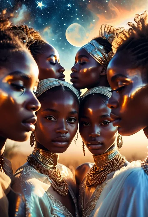 In a celestial dreamy letscape, four people dressed luxuriously, differents faces, beautiful, ils sont tous africains à la peau foncée, (((jeune, in the 20&#39;s))) (((two brown skin men et two brown skin woman))), (((two jeune brown skin long dark hair du...