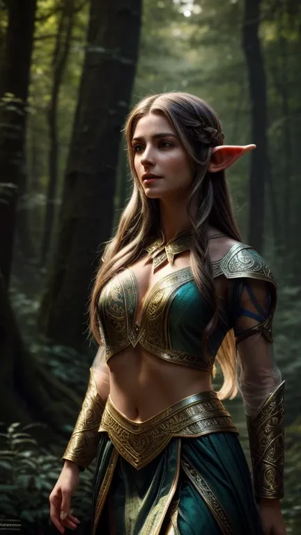 A beautiful high elf with a transparent tunic, detailed facial features, elegant posture, glowing skin, flowing hair, intricate ornaments, fantasy forest background, cinematic lighting, highly detailed, 8K, photorealistic, masterpiece