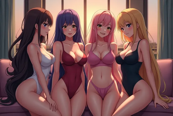 Four girls one with long brown hair another with long purple hair another with long pink hair and one with long blonde hair all four with big breasts and perfect curves in a safe house at dusk wearing sensual clothes three girls are high school students wh...