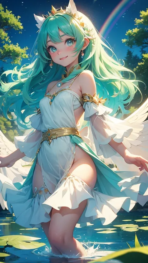 Japanimation style, 1 fairy, underdeveloped girl, rainbow-colored long sobage, emerald eyes, cute smile on a young face, wrapped up to emphasize the lines of the body, a long pearl white frill curtain costume, four rainbow-colored wings on the back, dancin...