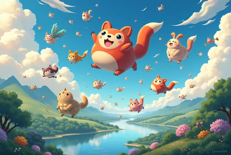 Japanese Fantasy, many kinds of cute YOKAI flying in the sky, 