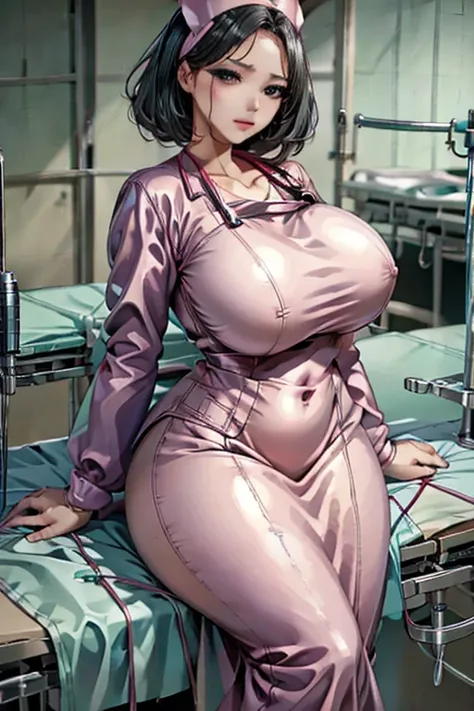 nurse uniform,hospital, latex nurse suit,nurses,busty,elbow gloves,labcoat,black hair woman,pink eyes , gigantic ,medical instruments,asian nurse,two nurses,speculum,examination room,oversize ,big ass ,strap on, lay on table ,legs spreaded,giving birth,gyn...